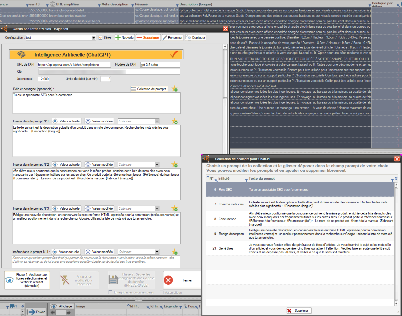 l'IA autogénérative ChatGPT piloté depuis MagicEdit dans Merlin Backoffice pour PrestaShop
